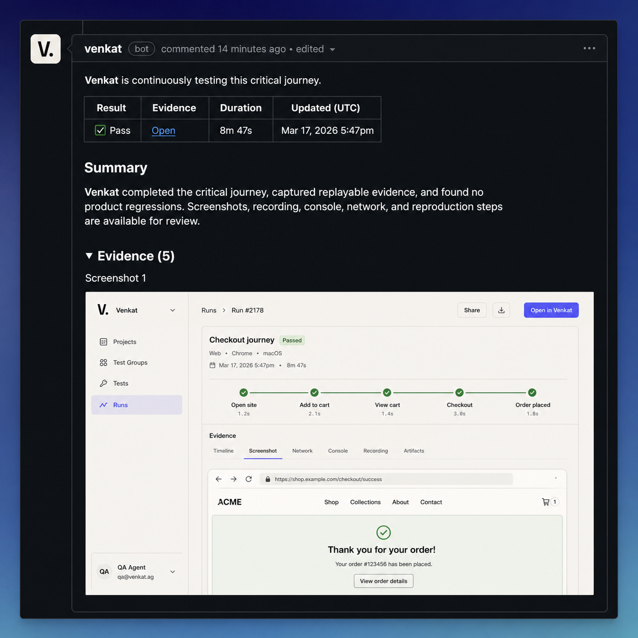 Product preview of a QA.army GitHub comment showing a passed critical journey with replayable screenshots, recording, Console, Network, and reproduction evidence.